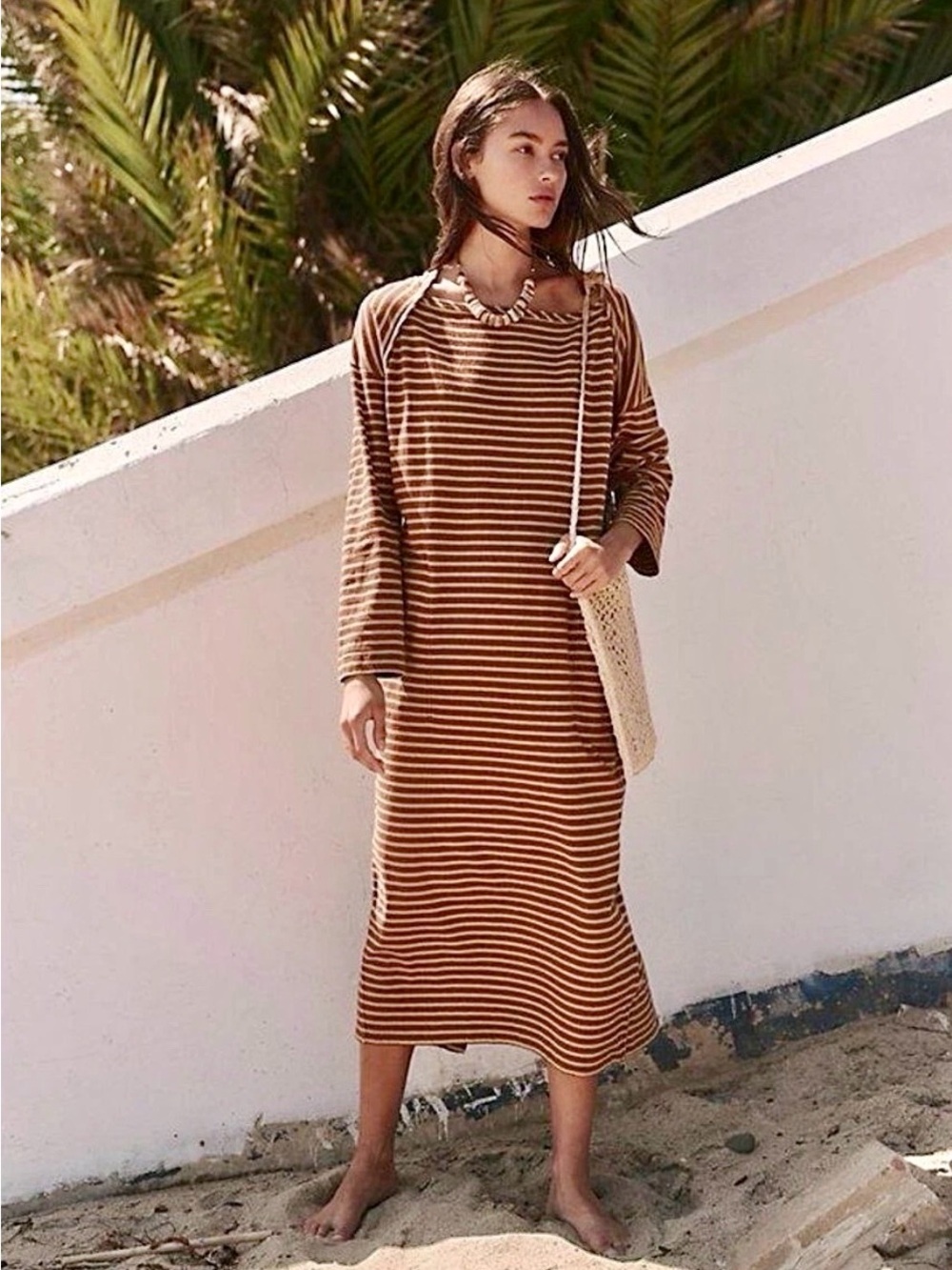 Free People Beach Trivolu Brown & Yellow Striped Long Sleeve Dress